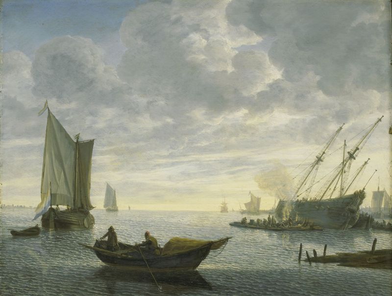 Caulking of a vessel by Lieve Pietersz. Verschuier, oil painting depicting a shipbuilder at work.