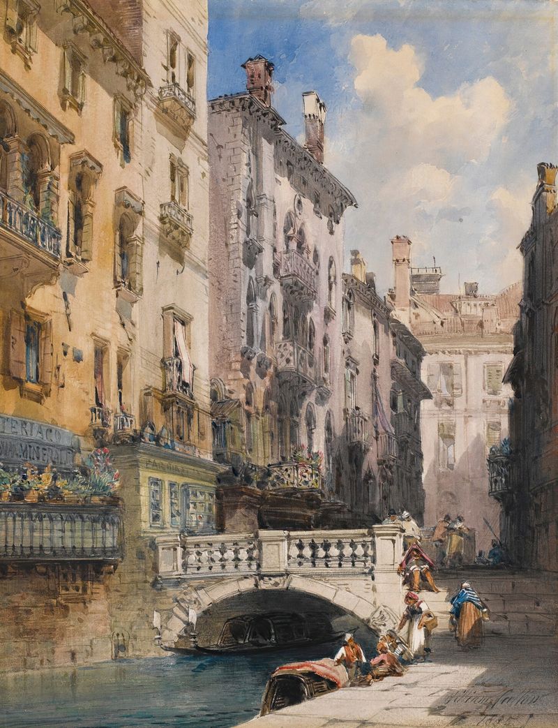Canal Barataria, Venecia de William Callow, pintura al óleo que muestra un paisaje de canal tranquilo.