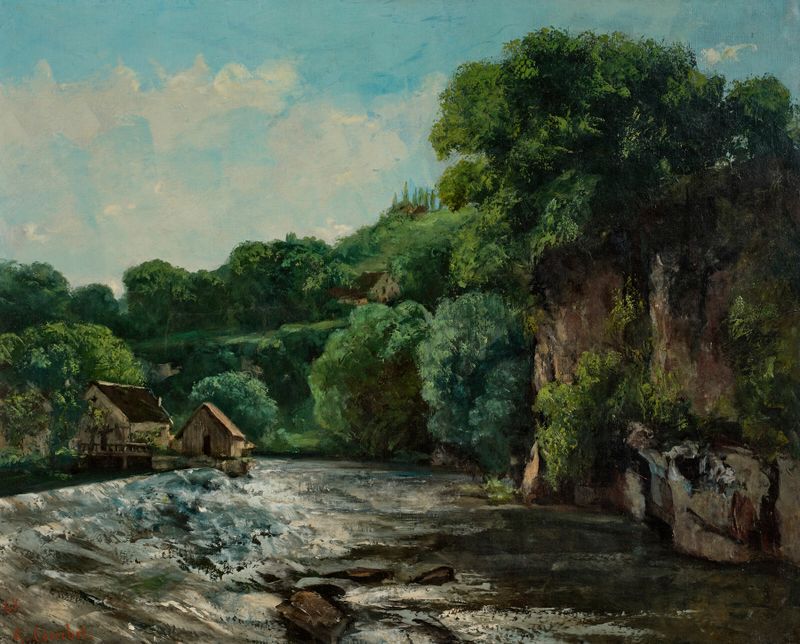 oil painting by Gustave Courbet depicting a riverbank with mist and light