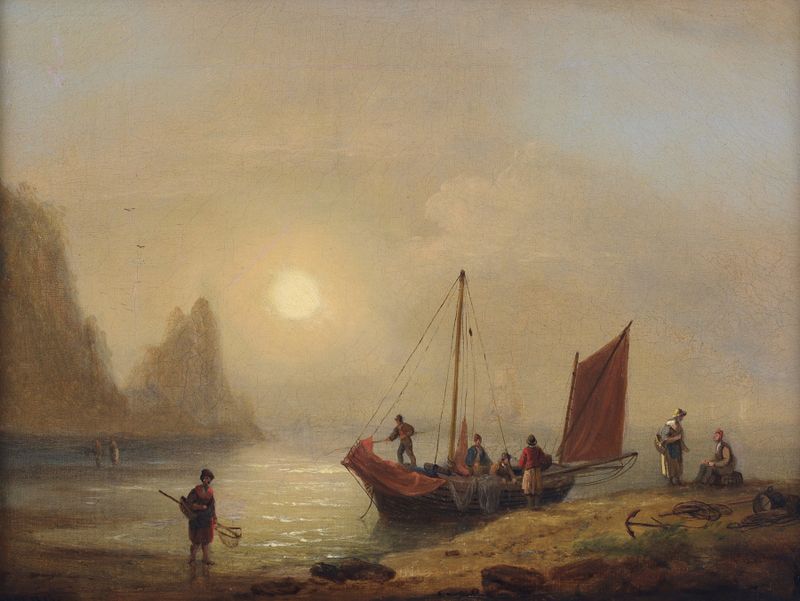 Fisherfolk on the Coast by Thomas Luny, oil on canvas showing figures by the sea.