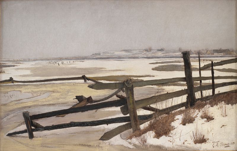 Thaw by Laurits Andersen Ring, oil on canvas showing a winter landscape transitioning to spring.