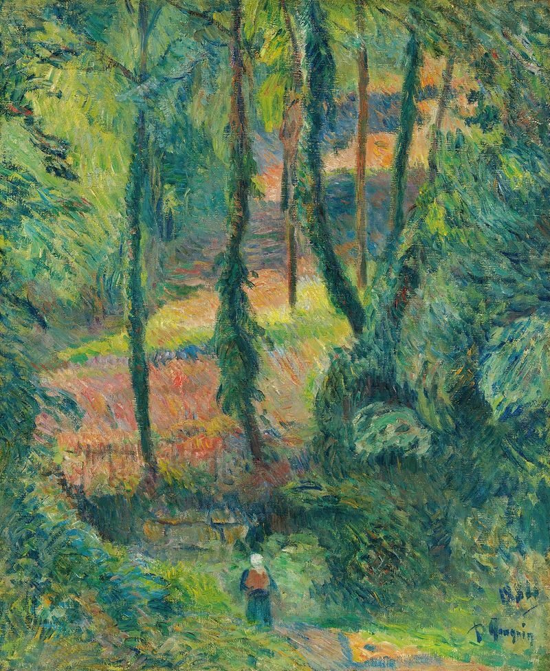 Chemin Creux Dans Une Pente Boisée, óleo sobre lienzo de Paul Gauguin, con un camino serpenteante entre la vegetación exub...