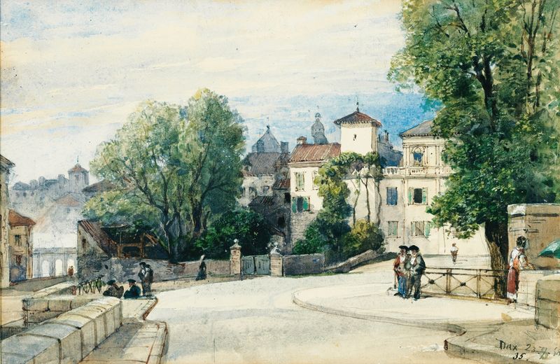 Vista de Dax de William Wyld, óleo sobre lienzo que representa un río tranquilo al anochecer.