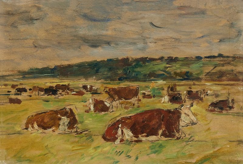 Vaches au pâturage de Eugène Boudin, pintura al óleo que representa vacas en un prado verde
