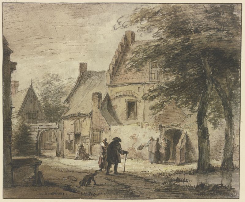 Gehöft mit mehreren Figuren, uma pintura a óleo de Jan Hulswit mostrando figuras e um cão em uma paisagem.