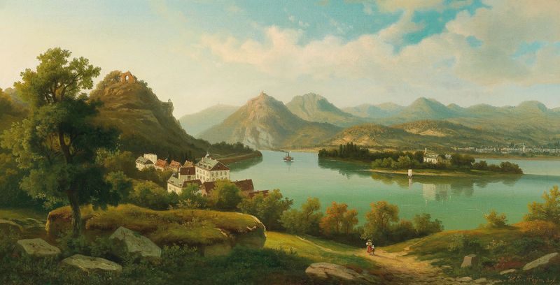 Town on the Rhine II, oil on canvas by Heinrich Eduard Heyn depicting a serene river landscape.