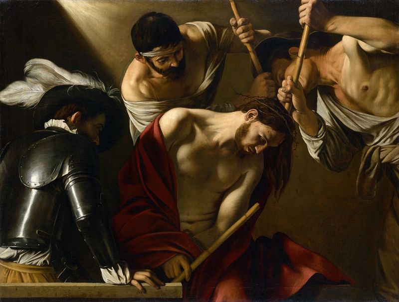 The Crowning with Thorns by Caravaggio, oil on canvas, depicting Christ crowned with thorns.