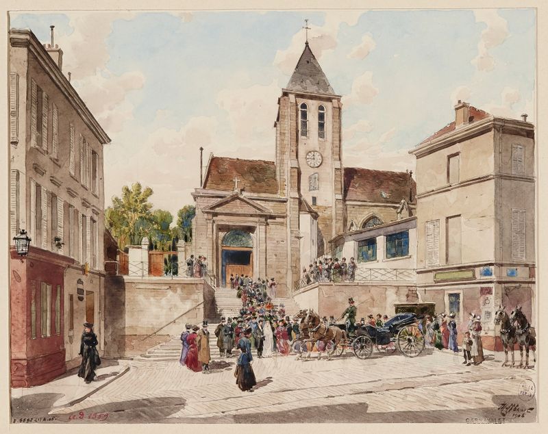 Pintura a óleo de Fédor Hoffbauer retratando um casamento em frente a uma igreja com luz dourada.