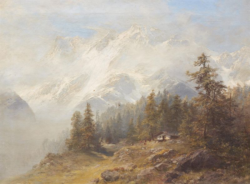 Alpenlandschaft vor schneebedecktem Massiv by Edward Theodore Compton, oil painting of mountains and sky