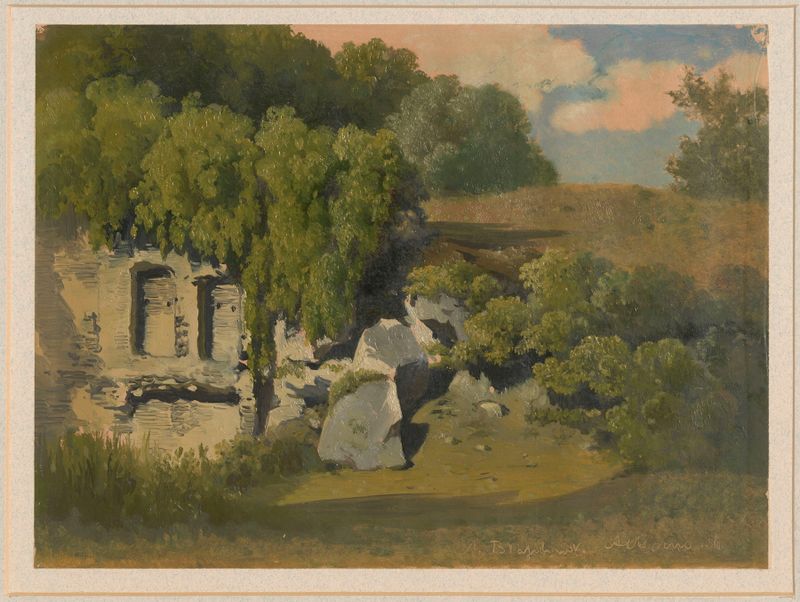 Ruínas cobertas em Albano de Arthur Blaschnik, pintura a óleo mostrando luz filtrando pela vegetação.