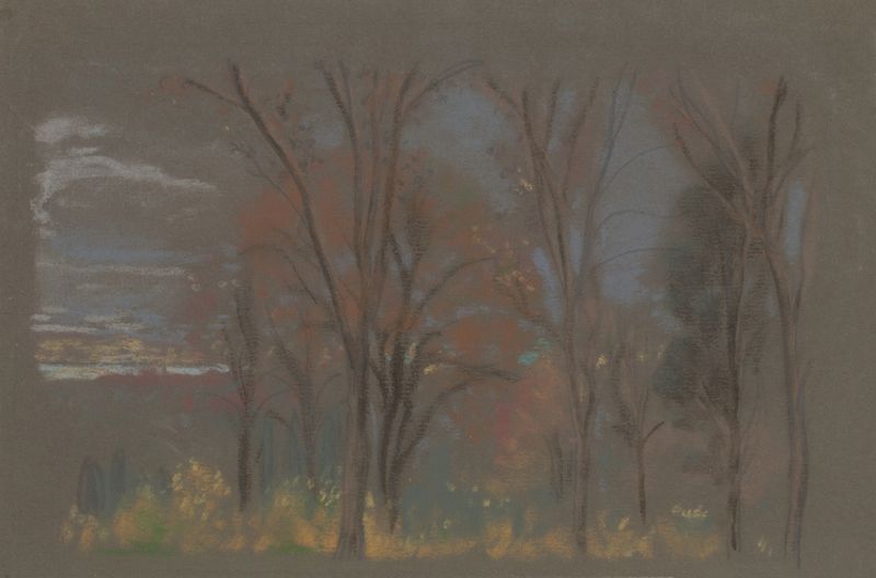 Autumn Woods by Arthur Bowen Davies, oil on canvas depicting a vibrant forest in autumn.