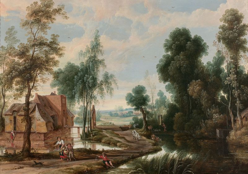 Cena de rio com figuras de Jan Wildens, pintura a óleo.