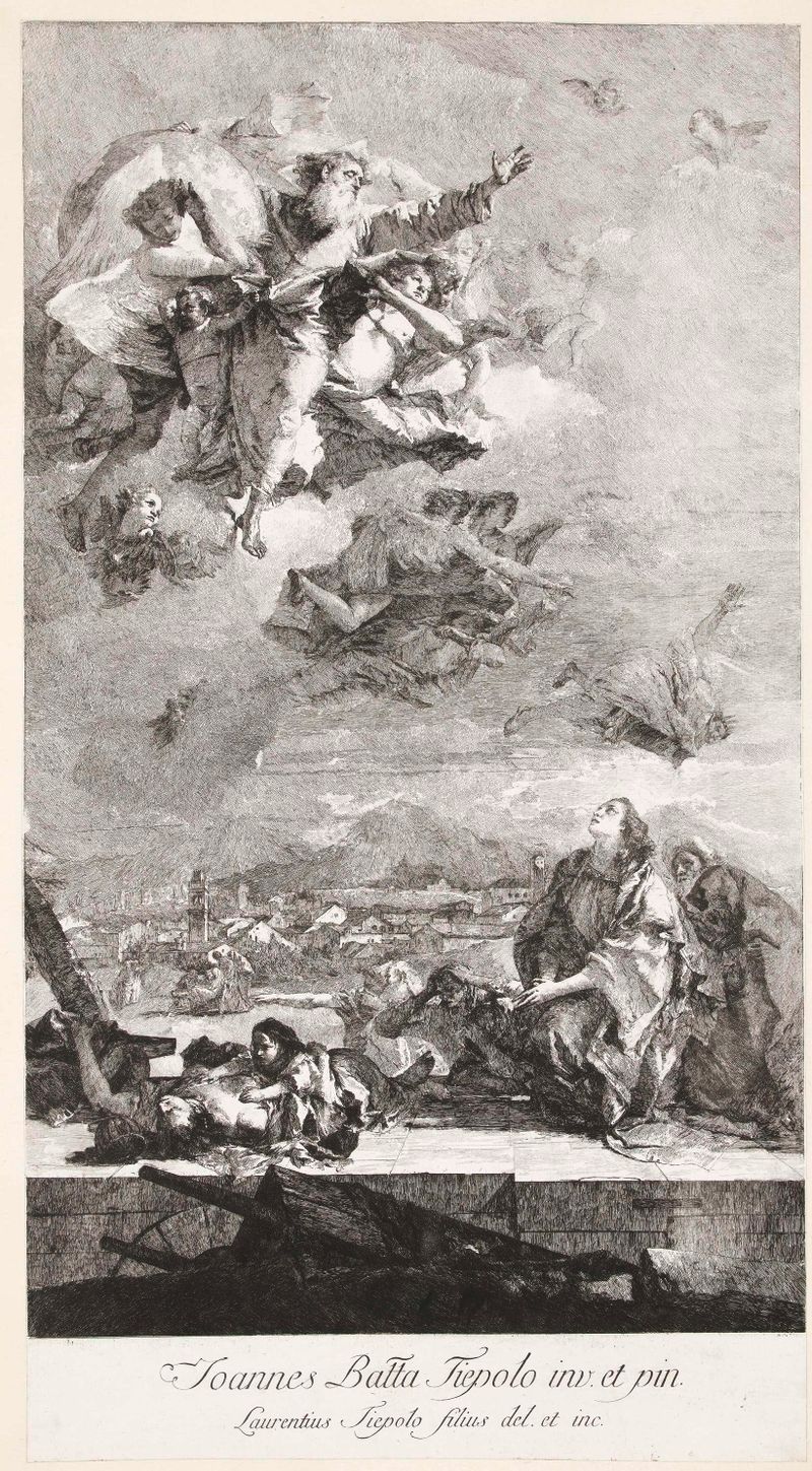 St Thecla praying for plague victims, etching by Lorenzo Baldissera Tiepolo