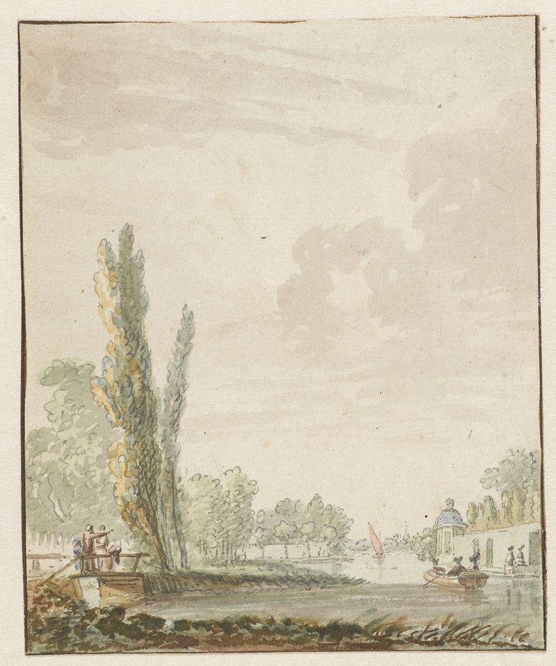 Riverside scene with a tea pavilion, oil painting by Pieter Bartholomeusz. Barbiers