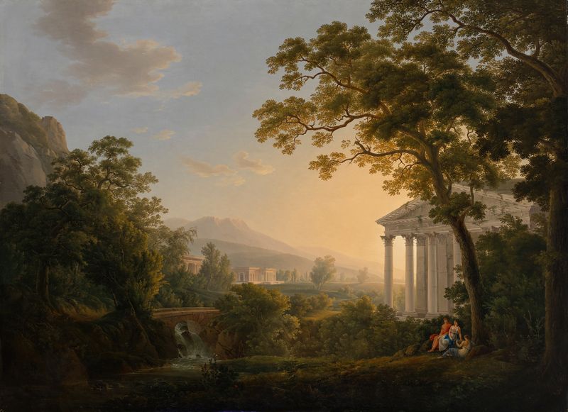 Paisagem idealizada com estruturas de templo, pintura a óleo de Joseph Rebell