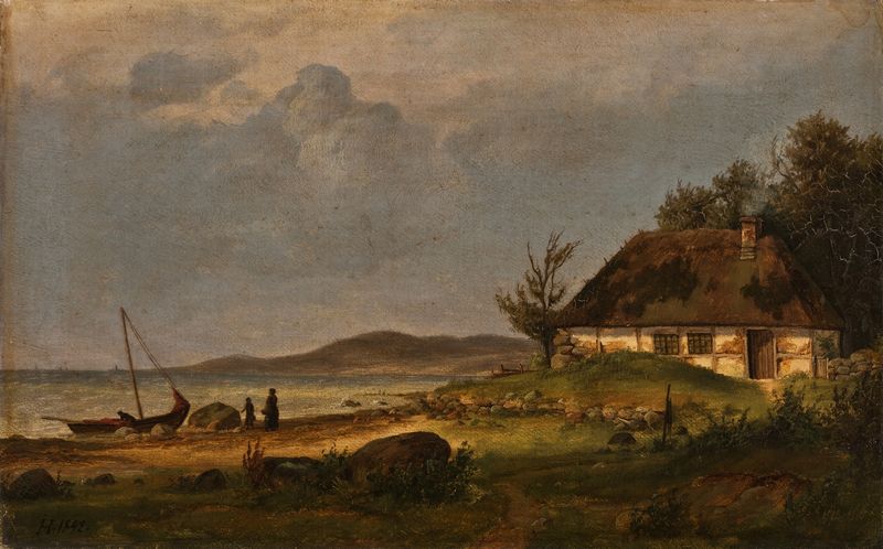 Marine scene depicting The Coast At The Fishing Hamlet Of Flade by Julius Hellesen, oil painting