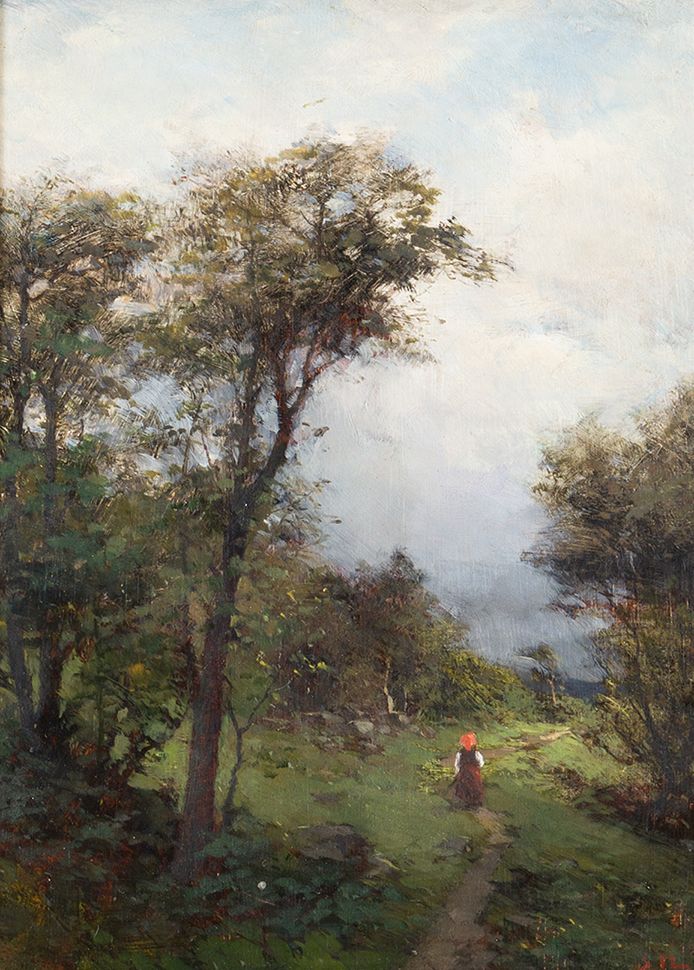 Retrato de una niña con vestido tradicional en un camino, óleo sobre lienzo de Severin Nilsson
