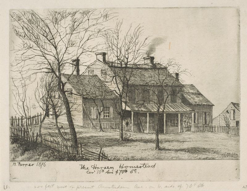 The Harsen Homestead engraving by Henry Farrer, depicting a weathered building and long shadows.