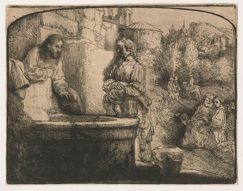 Grabado de Rembrandt van Rijn que muestra a Cristo y la mujer samaritana en conversación.