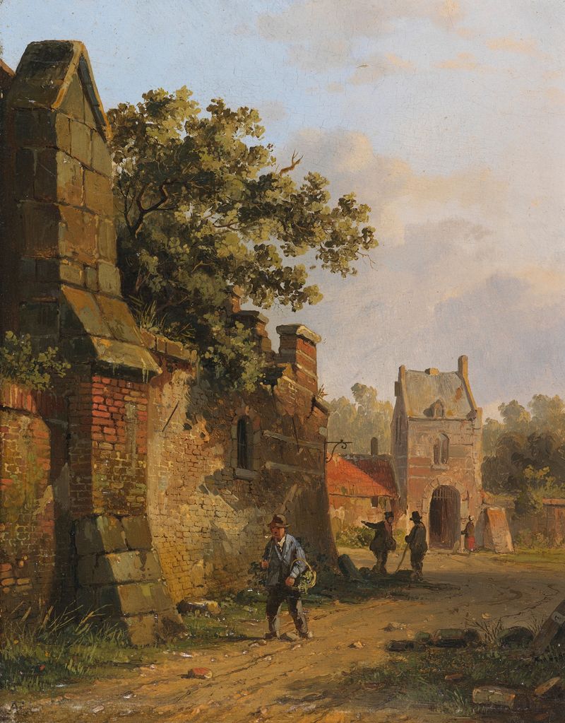 Figuren an einer Stadtmauer de Adrianus Eversen, pintura a óleo que mostra figuras perto de um muro da cidade.