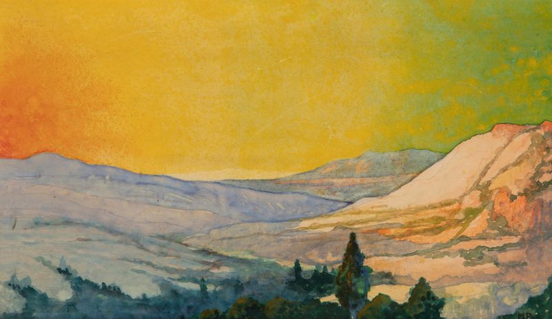 Sunset, Colorado by Maxfield Parrish, oil painting depicting cliffs and calm water.