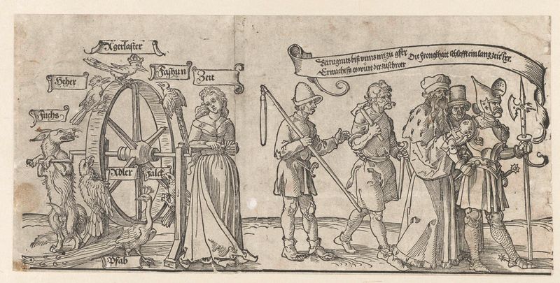 Grabado de Albrecht Dürer Het rad van fortuin; de vijf standen en papel