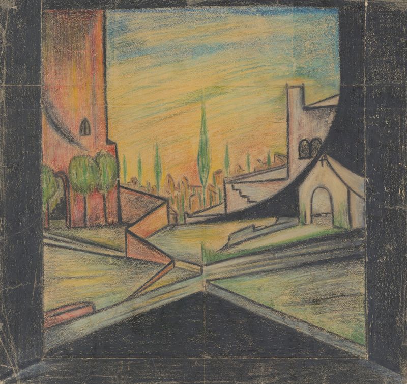 Maquette of Verona scene by Georges Pitoëff, ink on paper