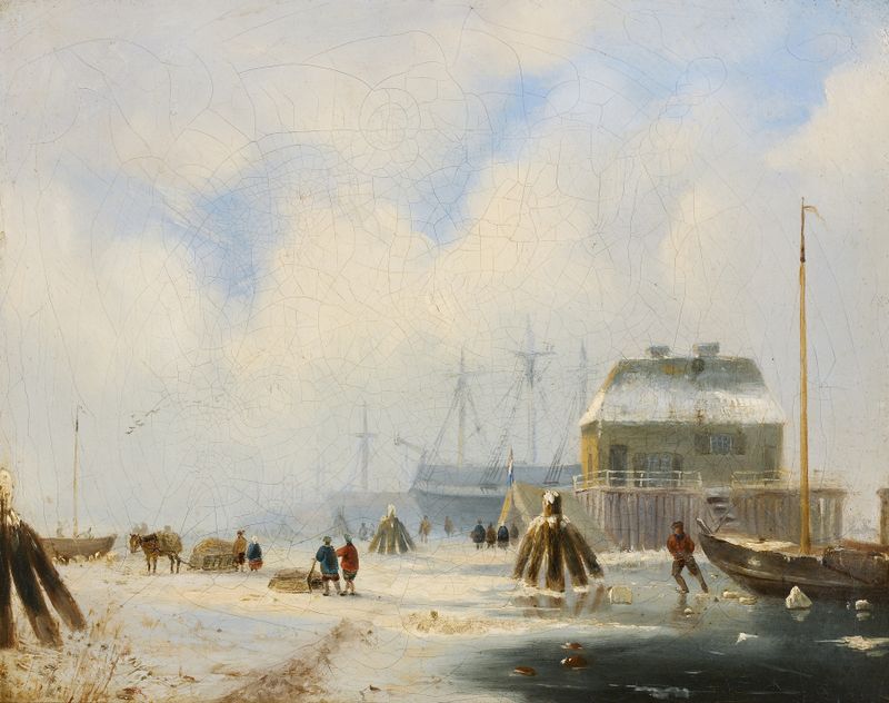 Wintergezicht op haven, oil on canvas by Hendrik Gerrit ten Cate, depicting a winter harbor scene.