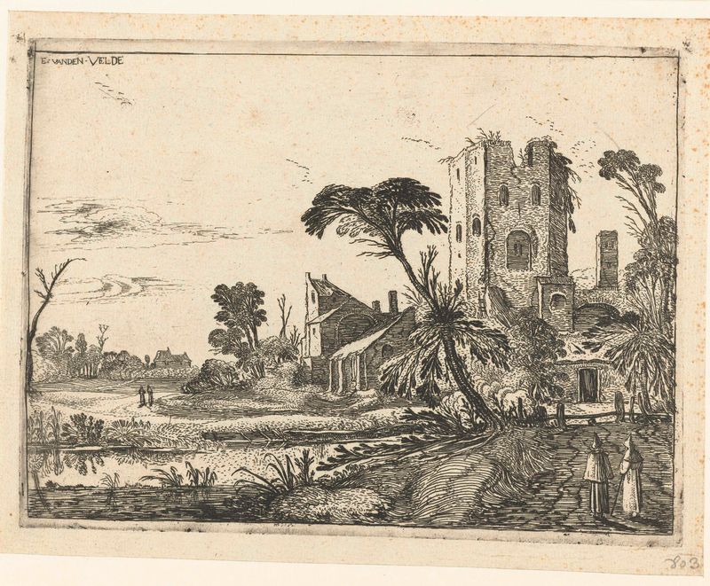 Dois monges caminhando em um caminho perto de uma torre em ruínas, gravura de Esaias van de Velde.