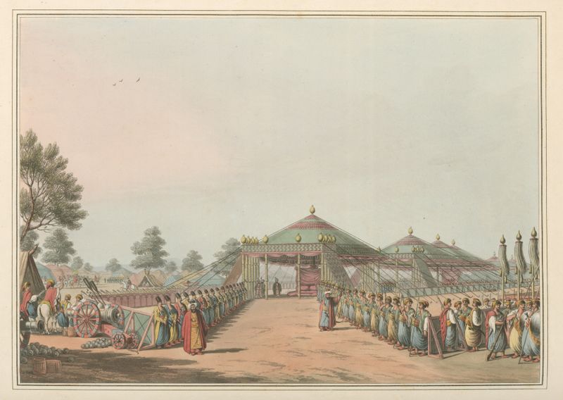 Turkish Encampment de Luigi Mayer, acuarela sobre papel que muestra tiendas bajo un cielo despejado.