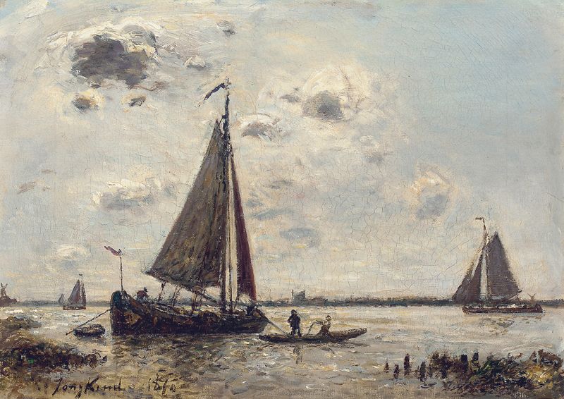 Paisagem de um rio e uma vila em óleo sobre tela de Johan Barthold Jongkind
