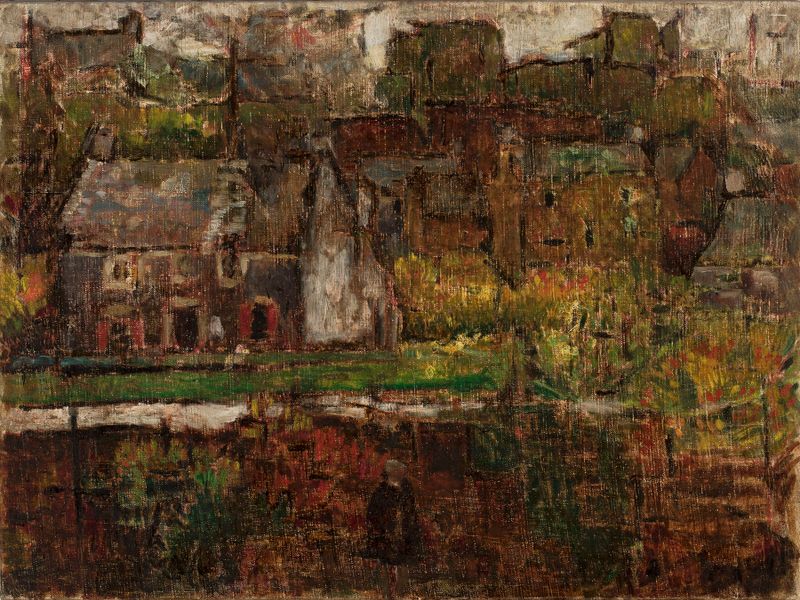 Widok miasta nad wodą de Tadeusz Makowski, óleo sobre tela que retrata uma paisagem urbana tranquila com reflexos na água.