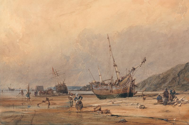 Calais Sands de François Louis Thomas Francia, pintura al óleo que representa un paisaje de playa sereno.