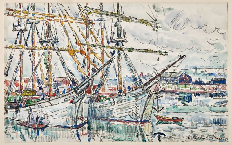 Óleo sobre tela de Paul Signac retratando barcos em um mar vibrante.