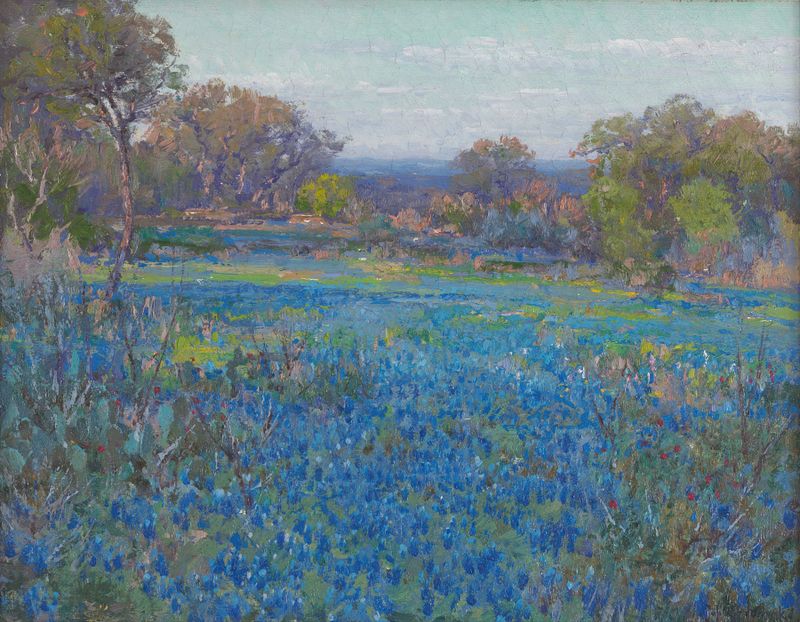 Field of bluebonnets under late afternoon sunlight by Julian Onderdonk, oil painting