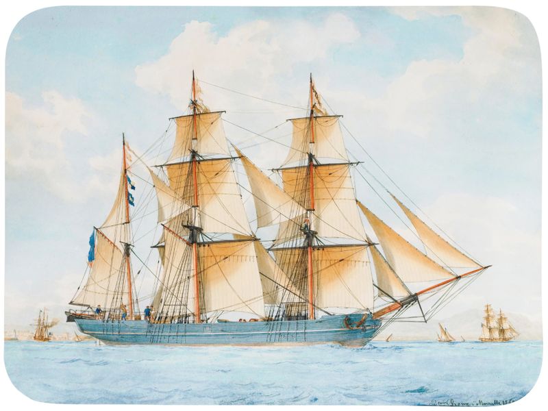 Le bateau l’Atalaya de François-Geoffroy Roux, pintura al óleo que muestra un barco en agua tranquila