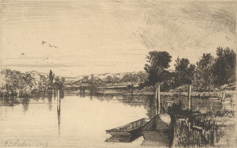 Egham de Francis Seymour Haden, un grabado paisajístico que muestra colinas onduladas y vegetación vibrante.