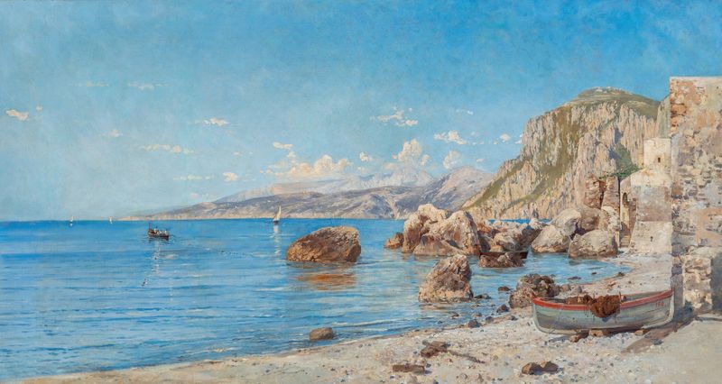 Marine scene with rocky cliffs and blue sea by Holger Hvitfeldt Jerichau, oil on canvas