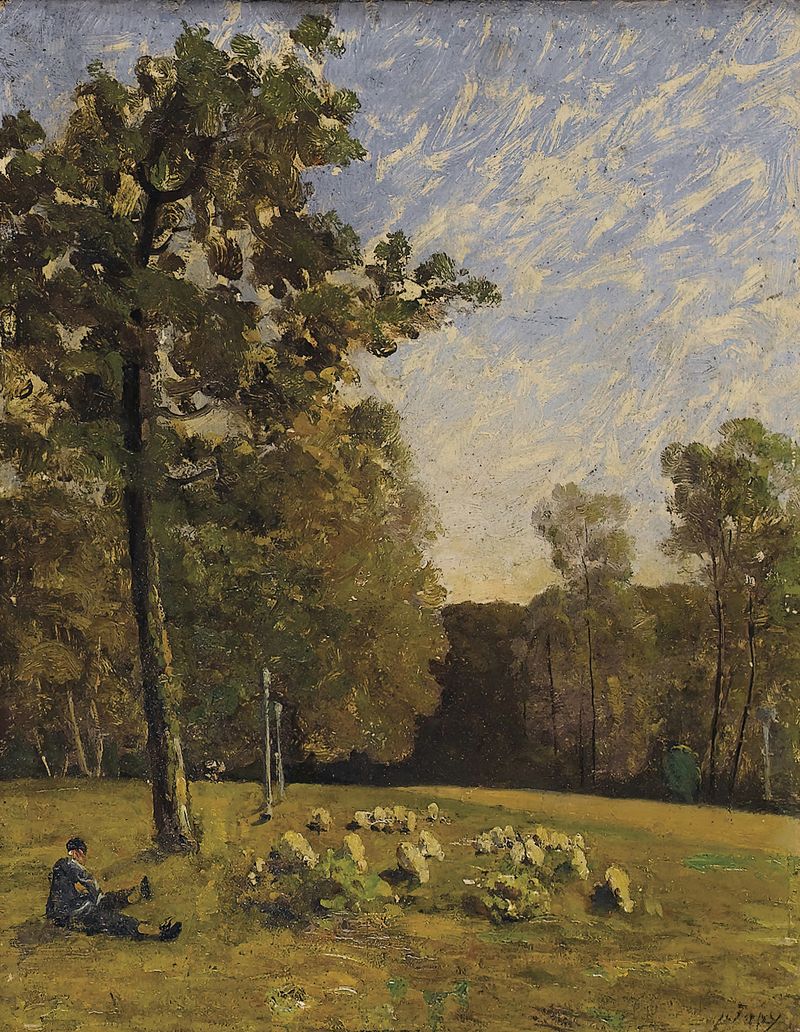 Shepherd’s Rest de Louis Aimé Japy, óleo sobre tela retratando um pastor em uma paisagem tranquila