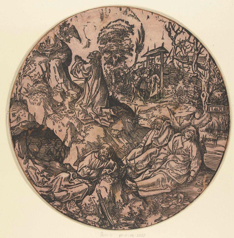 Cena religiosa representando Christus op de Olijfberg de Jacob Cornelisz van Oostsanen, pintura a óleo