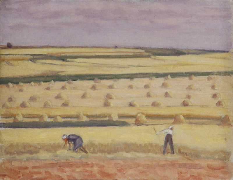 Escena de género que representa la cosecha con pinceladas texturizadas, óleo de Walther Gamerith