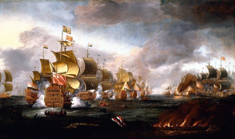 The Battle of Lowestoft, 1670s, by Adriaen van Diest, depicting warships in a stormy sea.