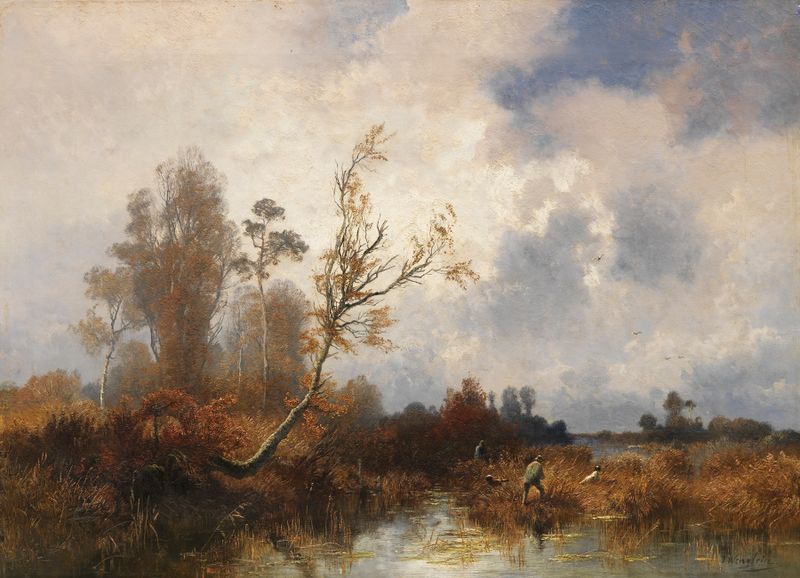Autumn landscape with hunters in Dachauer Moos by Josef Wenglein, realism