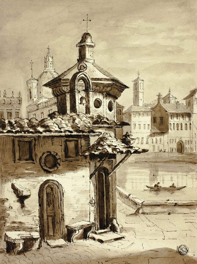 Venetian View de Elizabeth Murray, pintura al óleo que representa un paisaje colorido con canales y arquitectura.
