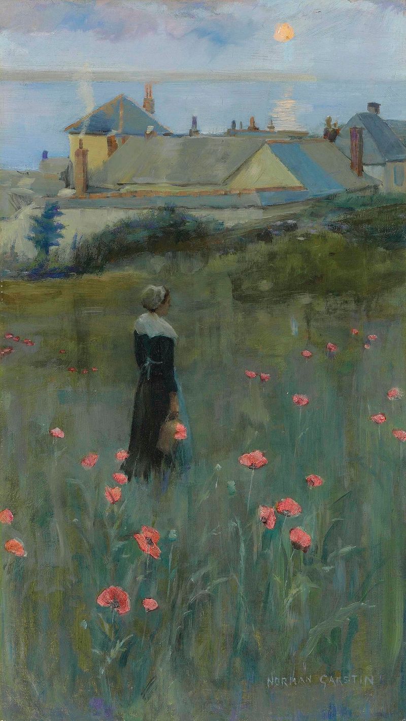 Vibrant field of poppies in oil on canvas by Norman Garstin