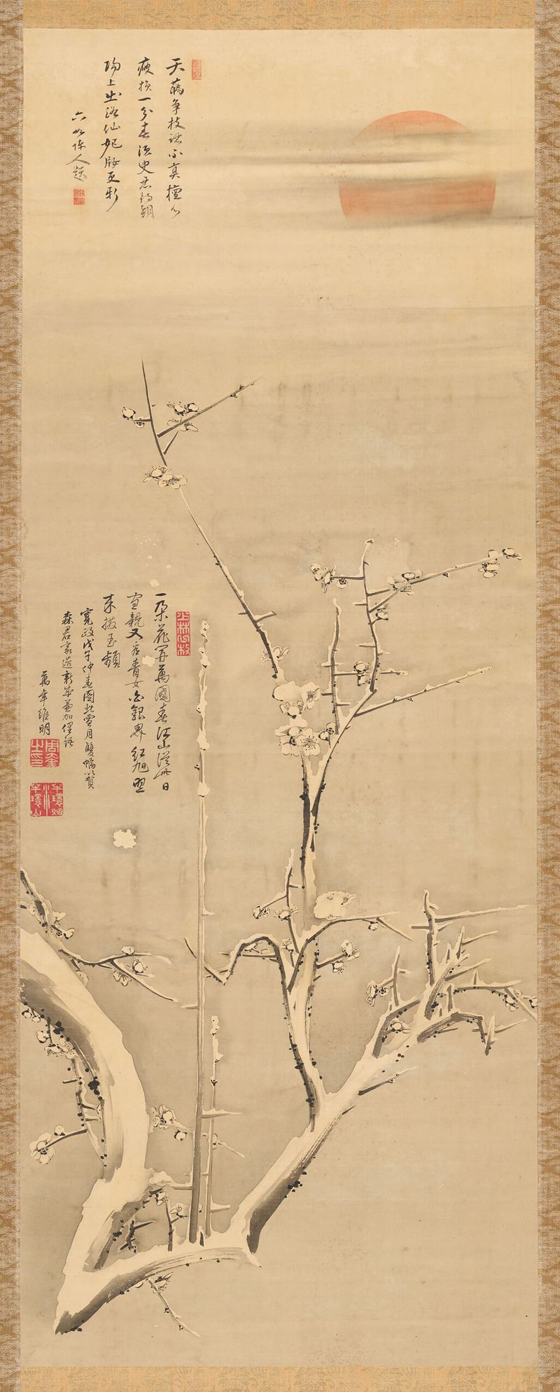 Blossoming plum under sun and moon, silk by Imei Shūkei