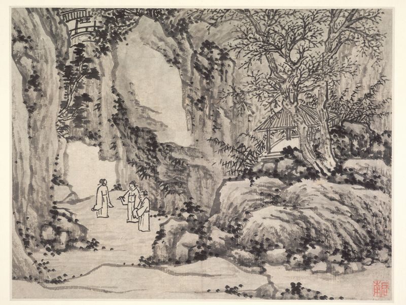 Tinta sobre papel de Shen Zhou representando uma paisagem de montanha e penhasco.