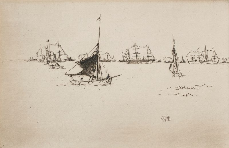 Her Majesty’s Fleet; Evening de James Abbott McNeill Whistler, pintura a óleo que retrata barcos ao crepúsculo.