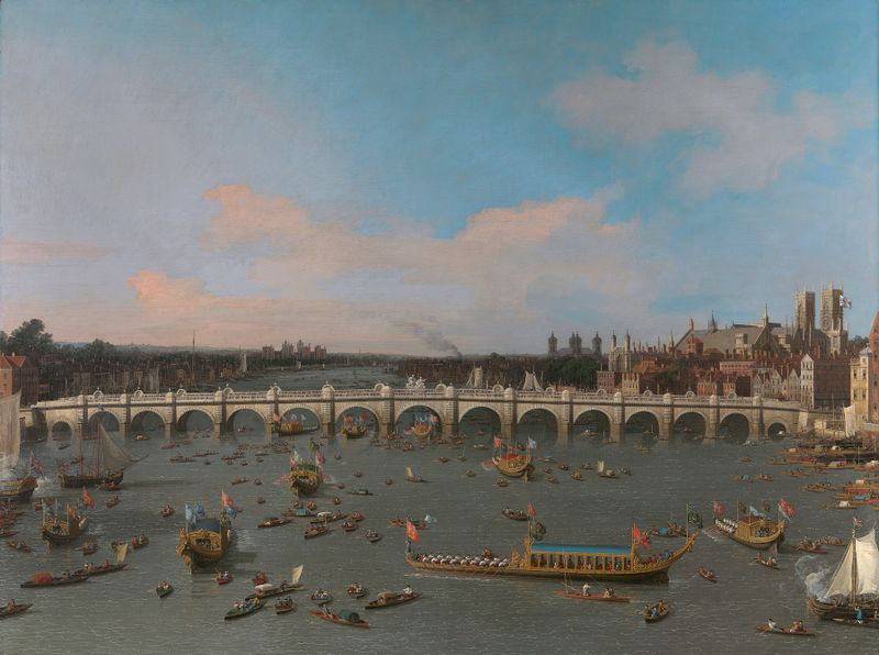 Pintura rococó de Canaletto que representa una procesión en el Támesis bajo el Puente de Westminster