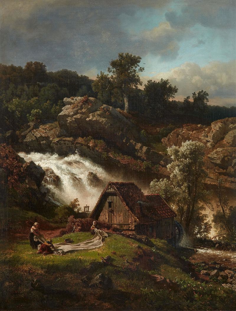Norwegische Wassermühle de Andreas Achenbach, pintura al óleo de un molino de agua en un paisaje noruego.